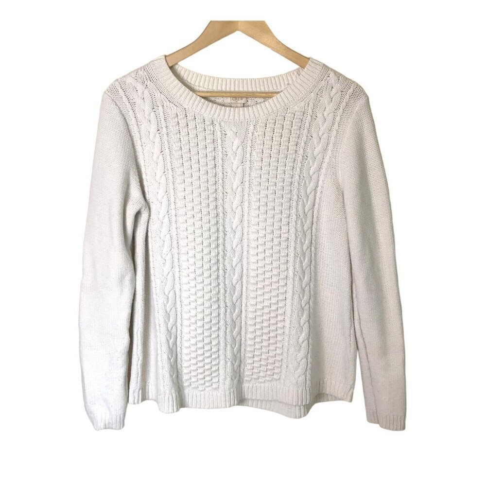 J.Crew Women’s Fisherman Cable Knit Sweater Large Ivory Wool Blend Cozy Grandpa